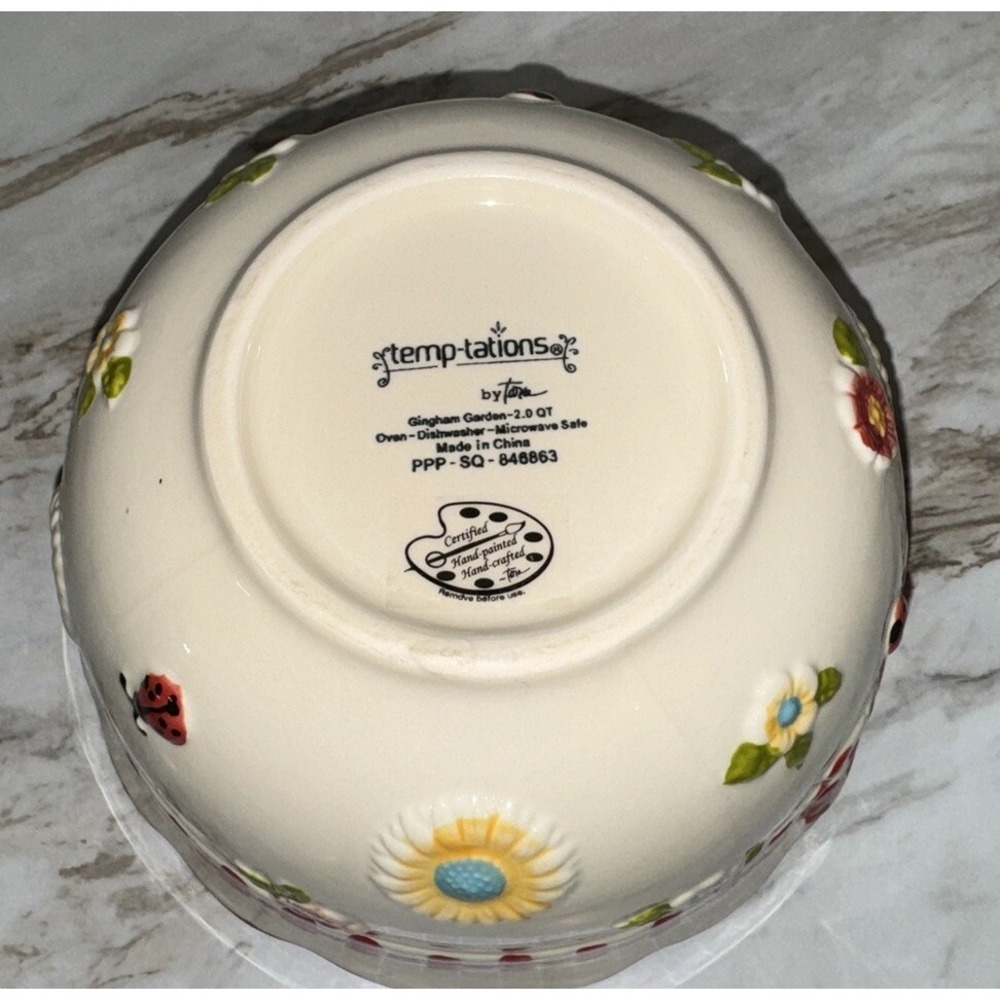 Temp-Tations Gingham Garden Lady Bug Flowers Mixing Bowl 2 Qt RARE! HTF! - Picture 6 of 6